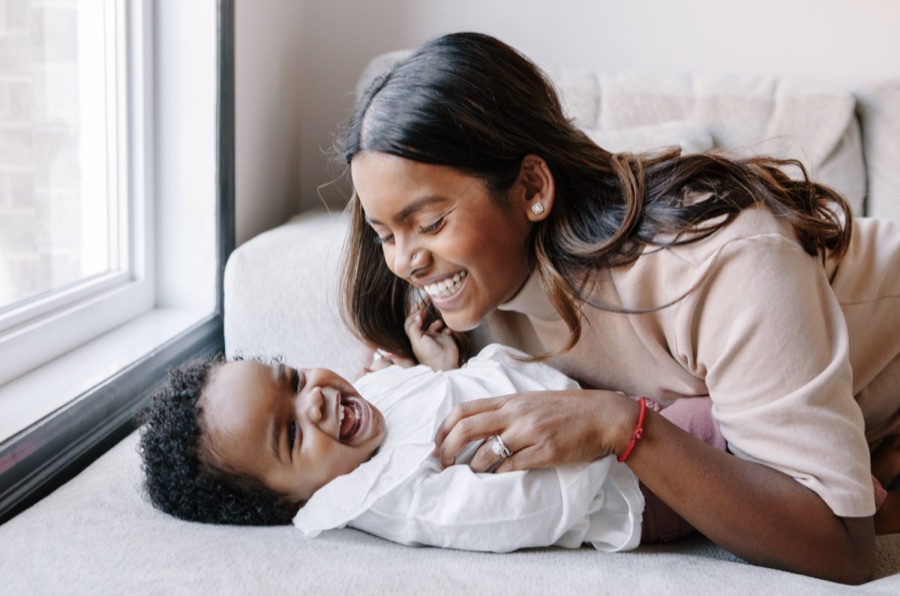 A calm, reassuring moment between mother and baby